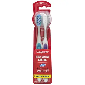 Colgate Optic White Soft Toothbrush 2 Pack with Whitening Cups & Polishing Spiral Bristles for Effective Oral Care & Stain Removal