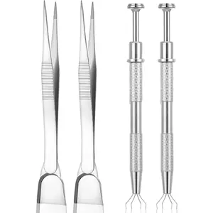 4 Pcs Piercing Ball Grabber Tool Set, Jeweler's Pick Up Sprinkle Pen Stainless Steel Jewelry Tweezers Pearl Grabber with 4 Claws Sprinkle Spoon with Shovel Head for IC Chip Electronic Components