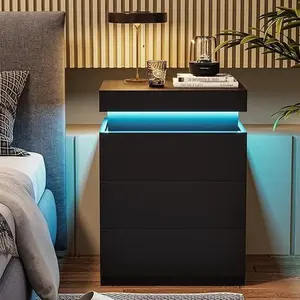 Sikaic Nightstand With Sliding Top Charging Station And LED Lights Bedside Cabinet Modern Dressing Table