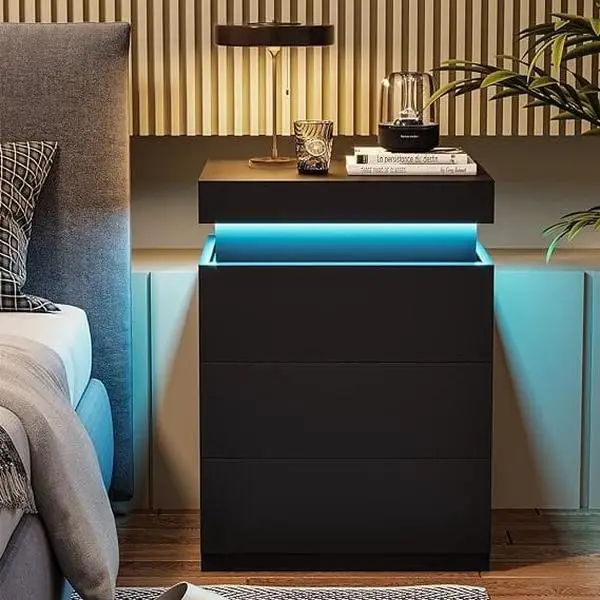 Sikaic Nightstand With Sliding Top Charging Station And LED Lights Bedside Cabinet Modern Dressing Table