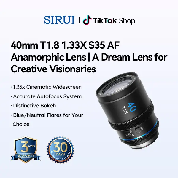SIRUI 40mm T1.8 1.33X Anamorphic Lens, S35 Autofocus Lens for E/L/MFT/X/Z Mount Cameras, Neutral/Blue Flare