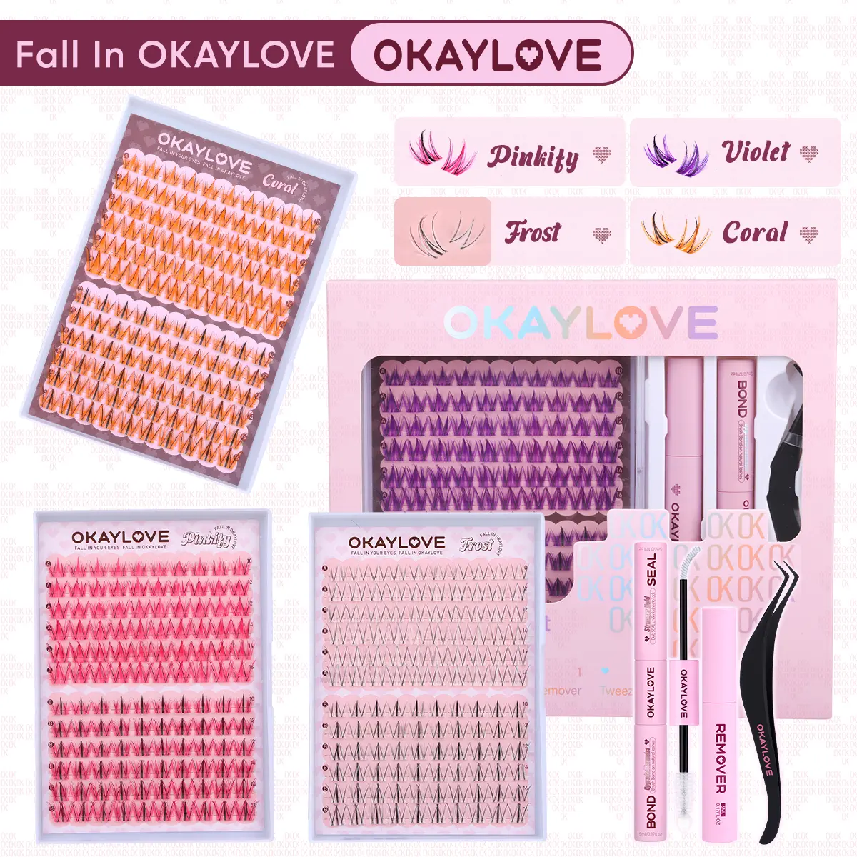 OKAYLOVE Cosmetic Eyelash Clusters Kit - Multiple Styles (Frost, Violet, Pinky, Coral) False Eyelashes & Adhesives Set with Long-Lasting Bond, Seal, Tweezers, Remover for DIY Home Use, Party, Festival Girl Gifts #backtoschool #sohochic