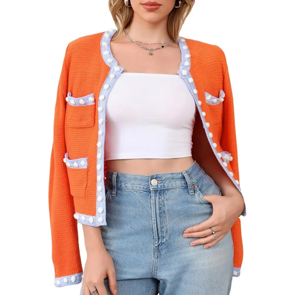 Women's Jackie O Style Chunky Knit Cropped Cardigan - Long Sleeve Round Neck Polyester-Cotton Knitwear with Fur Ball Trim, Pockets, Concealed Hook Closure, Breathable Chic Tops for Casual, Work, Evening, Holiday, Fashion