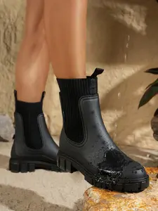 Women's Fashionable Waterproof Non-slip Rain Boots, Casual Comfortable Slip-on Rain Boots for Outdoor, Perfect for Students and Outdoor Sports Round Toe Boots Rain Shoes