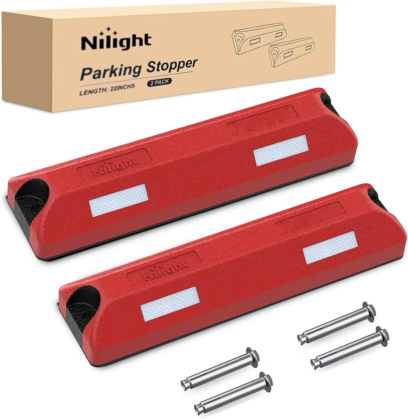 Nilight 2-Pack 22-In Heavy-Duty Industrial Rubber Wheel Stoppers, High-Contrast Parking Curbs with Reflective Strips, Bolt-Mounting Aid for Garages, Driveways (7,000 lbs Capacity, Improves Visibility Day or Night), Truck