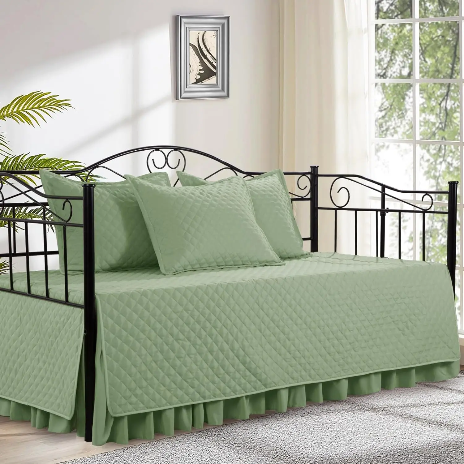 Daybed Cover Sets Diamond Stitching Daybed Bedding Set All Season Cozy Bedding with Bedskirt and Shams Microfiber Filling 5 Pieces Sage Green