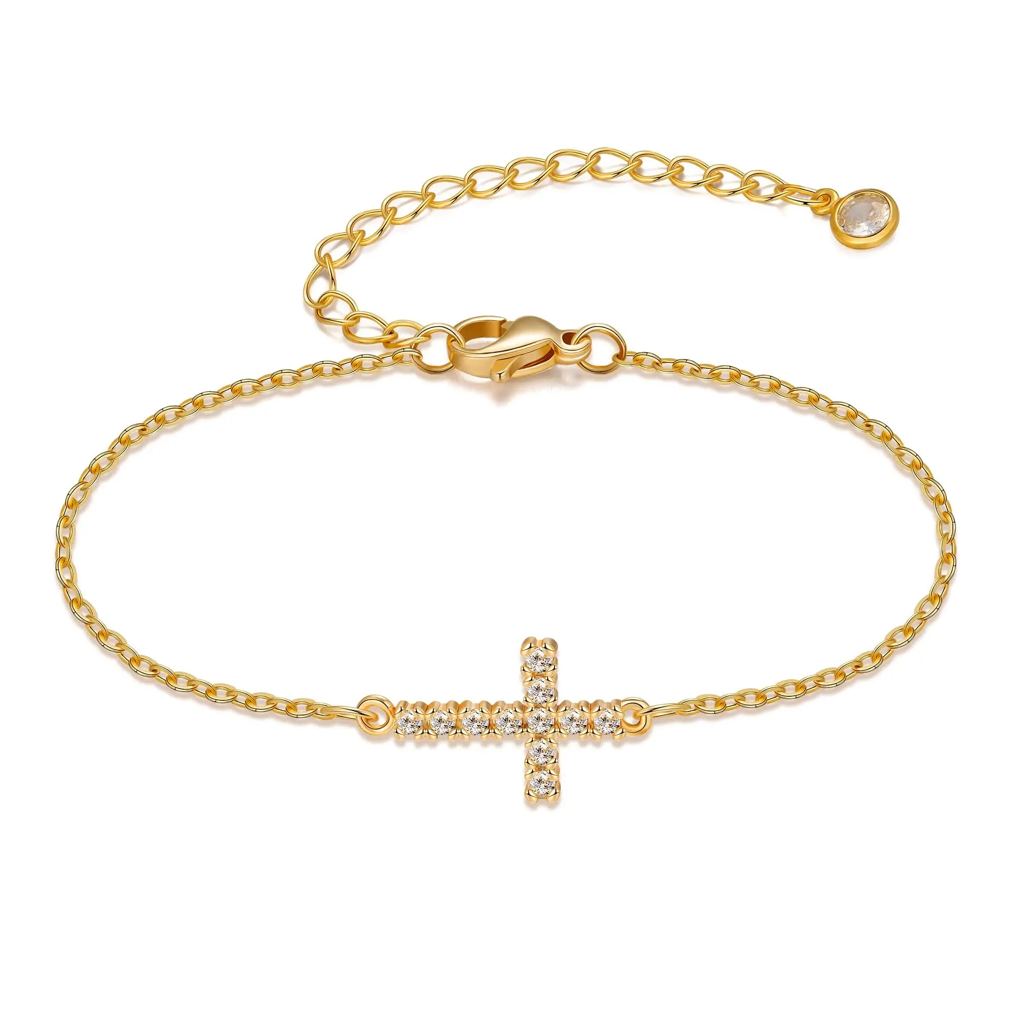 Tewiky Cross Bracelet for Women Dainty Cubic Zirconia Classic Tennis Bracelet Cute Tiny Rope Cuban Figaro Herringbone Chain Link Confirmation Gifts