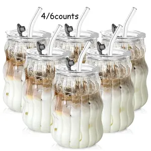 Glass Cup with Straw & Lid, 4/6Counts Set Portable Clear Ribbed Ripple Glass Cup withCleaning Brush,Summer Cool Bottle DrinkingCup for Coffee,Latte,Water, Macha, Juice
