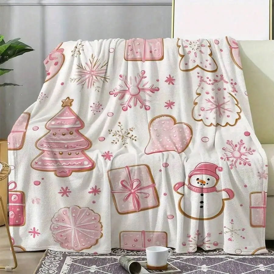 Pink Gingerbread Playful Pattern Flannel Cotton Christmas Blanket - Soft, Warm Home Decor Throw - Suitable for Sofa, Bed, Travel - Festive Holiday Textile