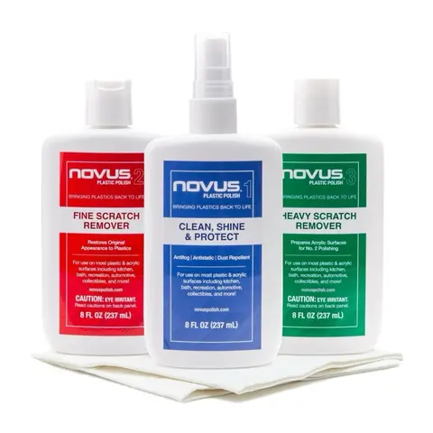 NOVUS Plastic Scratch Repair Remover Kit - 3-Step Formula with Polish Mates Wipe, 8oz Car Plastic Polish, Surface Cleaner for Cars/Motorcycles, DIY Enthusiasts, Works on Acrylic, Plexiglass, Arcade Machines, Boat Windows, CDs/DVDs, Eco-Friendly Cream