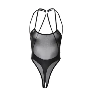 Women's Sexy Mesh Sheer Bodysuit | High Cut Thong Leotard | Strappy Backless One Piece Lingerie for Nightwear & Clubwear