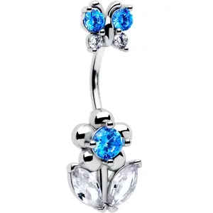 Blue Clear CZ Gem Bead Flower Butterfly Double Mount Belly Ring