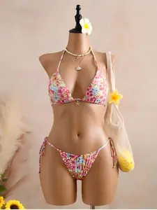 Women's Two-Piece Bikini Set, Fruit and Floral Print Design, Flower Print Bikini, Stylish Comfortable Swimwear, Floral Print Swimsuits, for Summer Beach Wear, Random Patterns