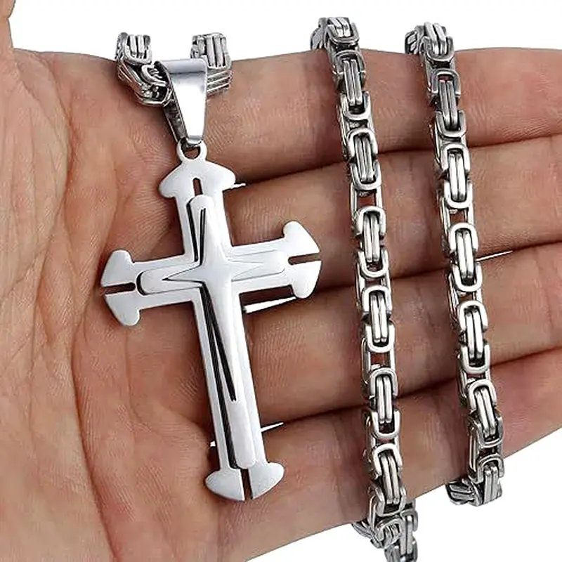 Men’s 3-Layer Crucifix Pendant Necklace - Chunky Silver Cross, Heavy-Duty Byzantine King’s Chain, Hypoallergenic 316L Stainless Steel, Non-Tarnishing Colorfast Biker Style Jewelry for Streetwear, Father’s Day Anniversary Gifts, Crucifix Necklaces