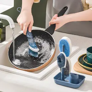 Kitchen Dish Brush with Soap Dispenser Set - 4 Replaceable Cleaning Heads Ergonomic Handle Scrub Brush for Dishes Pans Sink Household Cleaning Tools