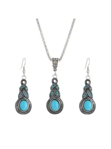 Bohemian Turquoise Jewelry Set, Vintage Patina Silver Color Necklace Pendant Earrings, Ethnic Style Vacation Accessories