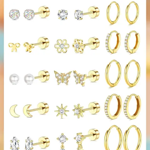 LOLIAS 14 Karat Gold Plated Flat Back Earrings Set - Hypoallergenic Surgical Stainless Steel, Minimalist Gold-Tone, Lightweight Removable, Huggie Hoops, Helix/Cartilage Layered Stack Earrings Jewelry for Women, Helix Earring, Lightweight Removable Earring