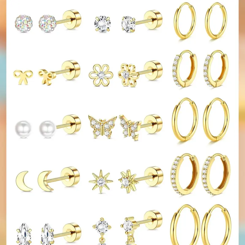 LOLIAS 14 Karat Gold Plated Flat Back Earrings Set - Hypoallergenic Surgical Stainless Steel, Minimalist Gold-Tone, Lightweight Removable, Huggie Hoops, Helix/Cartilage Layered Stack Earrings Jewelry for Women, Helix Earring, Lightweight Removable Earring