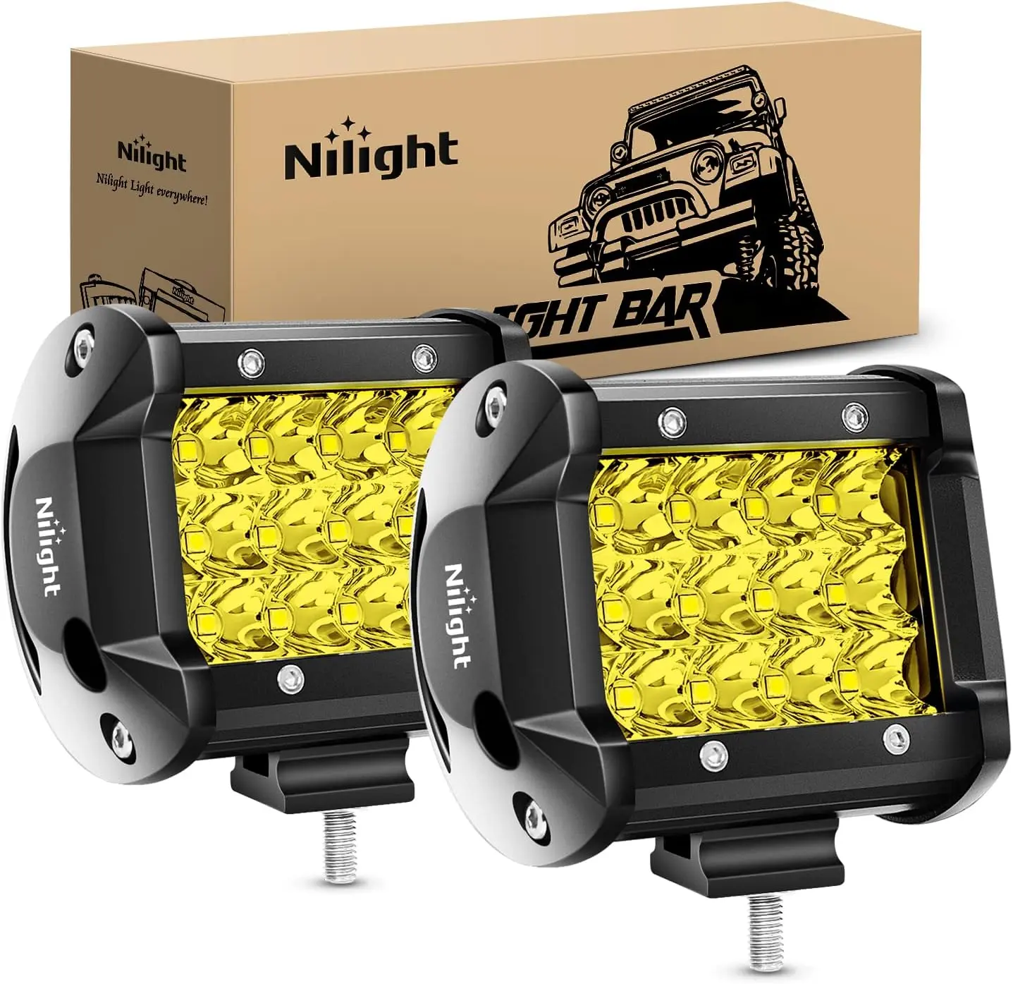 Nilight 4-Inch 36W Yellow Flood-Spot Combo Triple Row LED Light Bars - 2Pcs Off-Road Driving Work Light Pods, Car Accessories, Vehicle Accessories for Pickups, SUVs, Accessories For Car