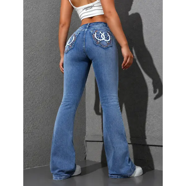 Women's Y2K Western Embroidery High-Waist Slim-Fit Light-Wash Flare Jeans - Womenswear Bottoms with Star Horseshoe Pattern Back Pockets for Casual Everyday Wear