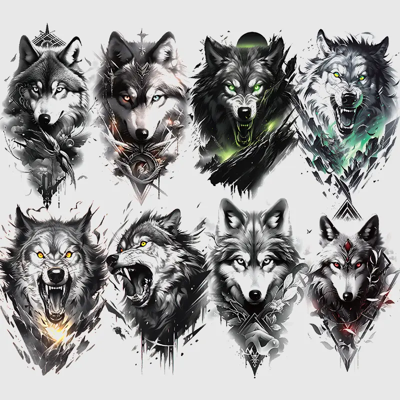 8-Piece Wild Forest Wolf Head Fake Tattoos Temporary Tattoo Stickers, Waterproof Long-Lasting Animal Design, Perfect for Arms & Legs, Party Essentials, Diy Tattoos, Aesthetic Tattoo Merch