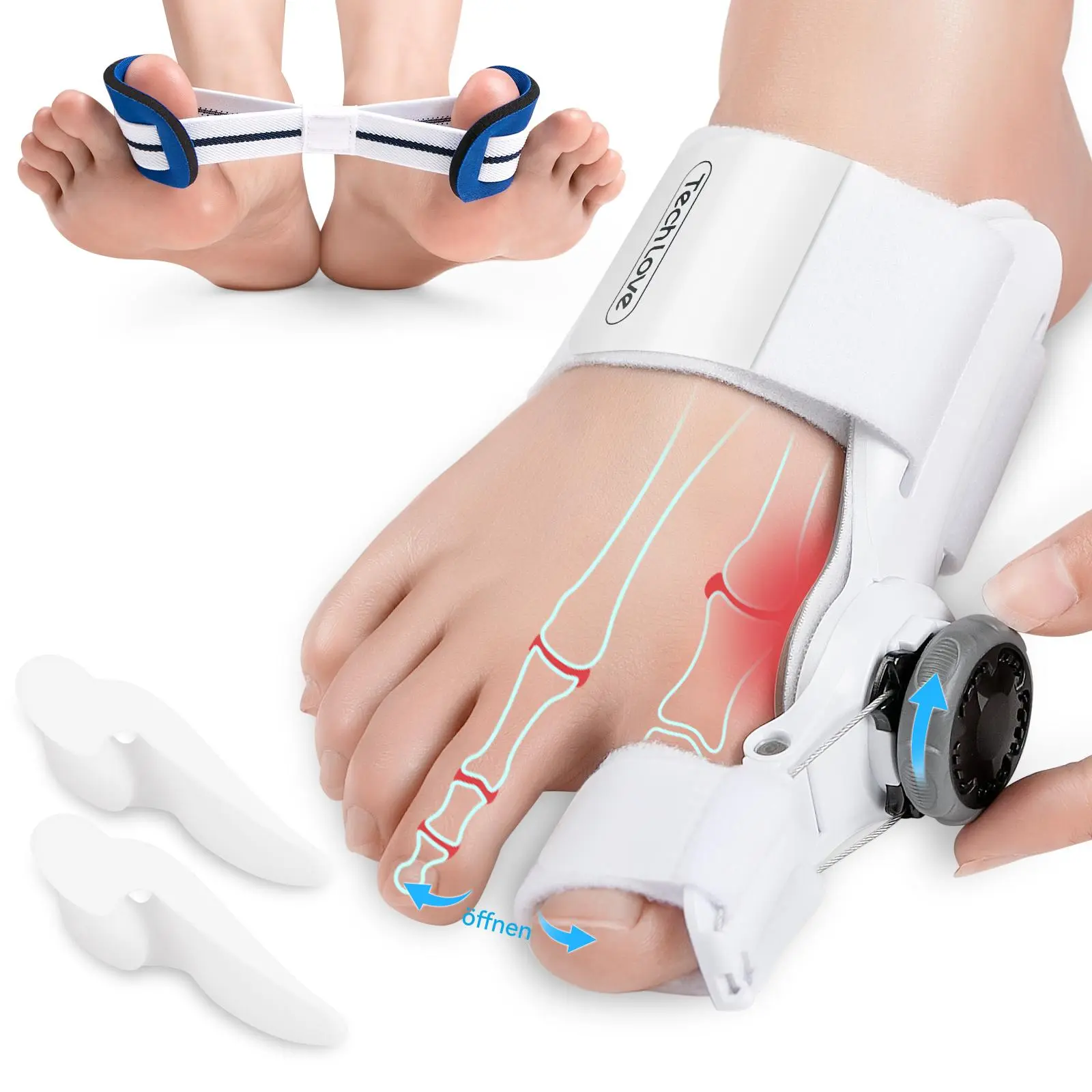 Tech Love Unisex Adjustable Bunion Corrector - Soft and Comfortable Customizable Fit Toe Separator, Stable Support, Easily Worn, Relaxing at Home, White Pedicure Tool for Daily Care