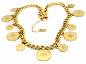 Coin Drop Necklace - Stainless Steel - Unique Design, Unisex Casual Accessory, Cuban Jewelry, Gold, Non Tarnish Elegant Style