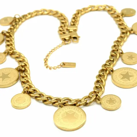 Coin Drop Necklace - Stainless Steel - Unique Design, Unisex Casual Accessory, Cuban Jewelry, Gold, Non Tarnish Elegant Style