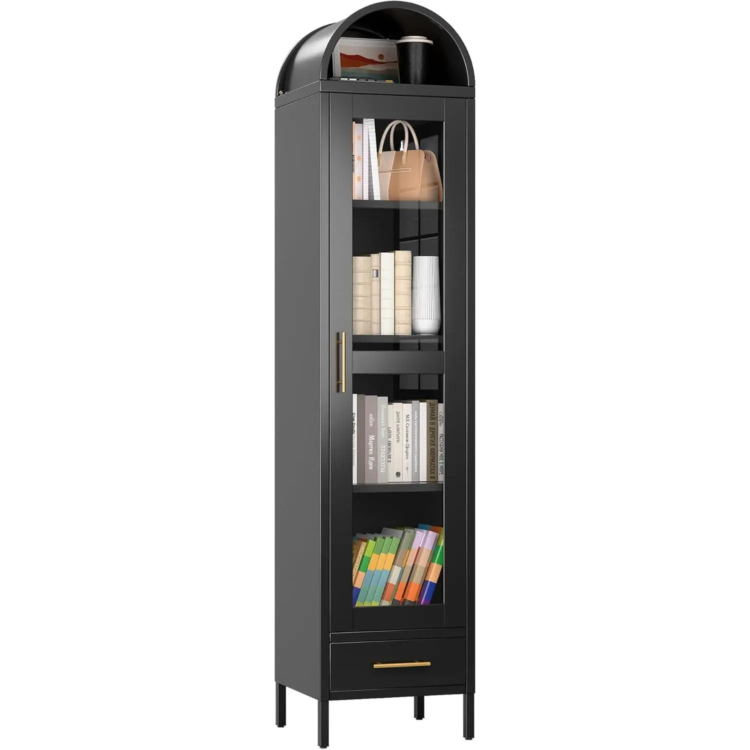 72.6" Tall Narrow Arched Top Display Cabinet - Black Metal Freestanding Modern Glass Cabinet Doors Living Room Furniture with Drawer, Adjustable Shelves, Requires Assembly, Multi-Tier Living Room Furniture