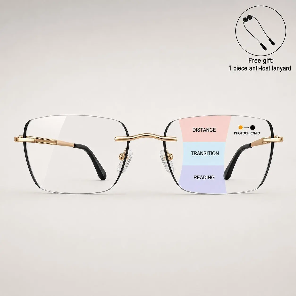 Progressive Photochromic Reading Glasses - Men’s & Women’s Multifocal Light-Adaptive Rimless Eyeglasses for Near & Far Vision, Lightweight Non-Prescription Frames