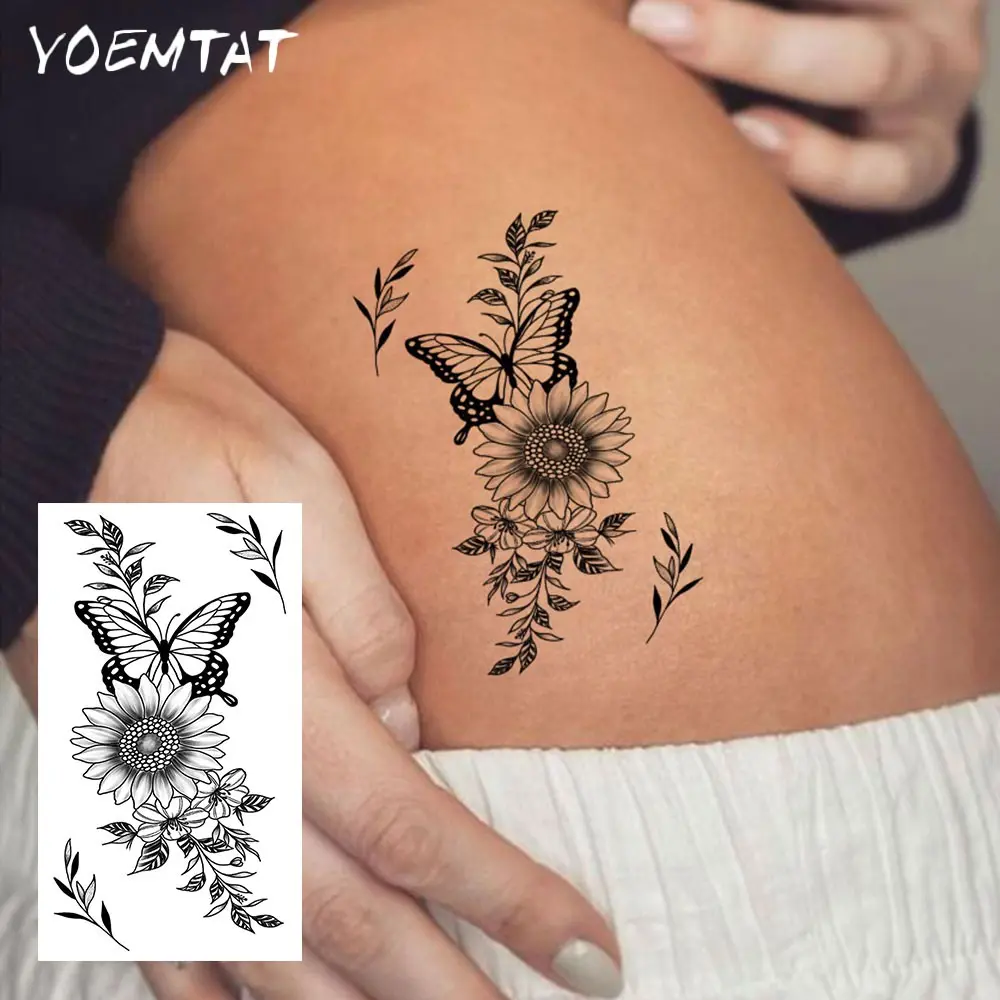Waterproof Temporary Tattoo Sticker Ephemeral Tattoos Black Line Butterfly Sunflower Flower Leaf Totem Body Art Arm Fake Tattoos Sleeve For Women Men Aldult Hand Wrist Neck Shoulder Waist Abdomen Leg Ankle Peel Off Tattoo