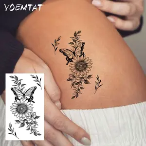 Waterproof Temporary Tattoo Sticker Black Line Butterfly Sunflower Flower Leaf Totem Body Art Arm Fake Tattoos Sleeve For Women Men Aldult Hand Wrist Neck Shoulder Waist Abdomen Leg Ankle Peel Off Tattoo