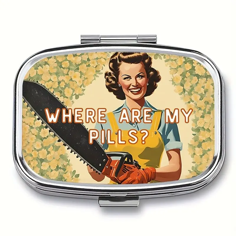 Vintage 2-Compartment Pill Box, Portable Where Are My Pills Design, Food-Contact-Safe Case for Daily Medication, Supplement and Vitamin Organizer