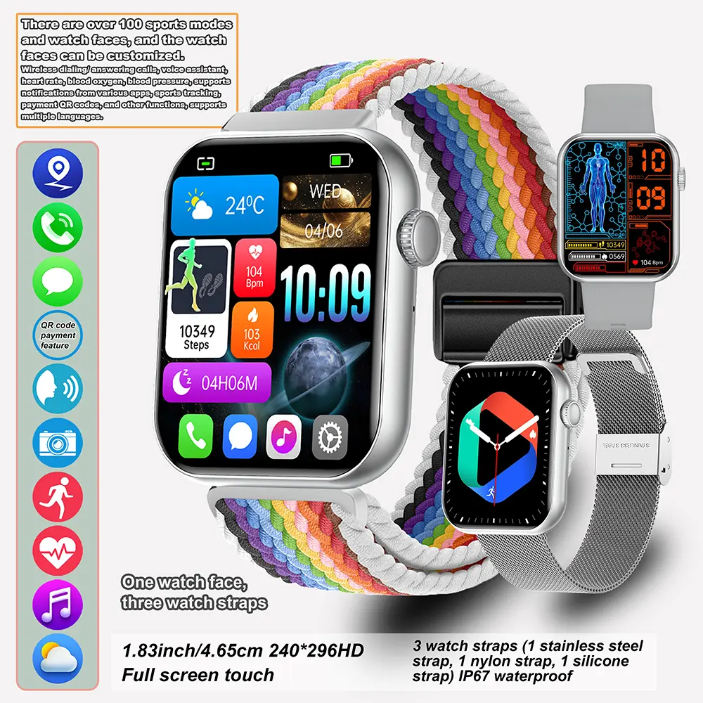 Ladies' and men's smart watch, equipped with a 1.9-inch touch screen and various straps, over 100 sports modes and watch faces, multiple functions such as sports tracking, high-quality zinc alloy middle frame, a watch that can connect to a smartphone