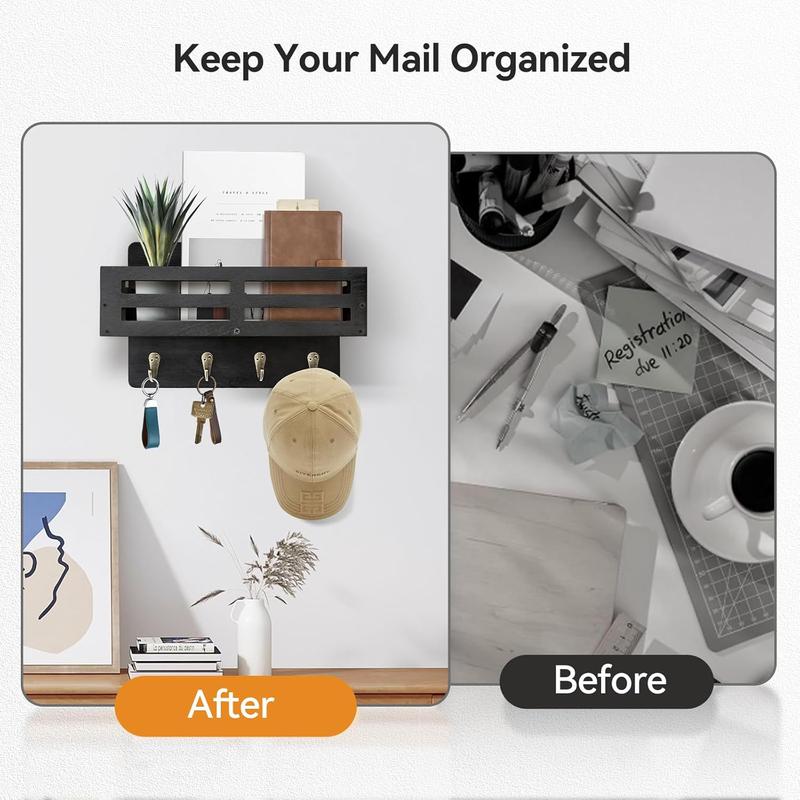 Key Holder Wall Mount, 10 inch Decorative Key and Mail Holder for Wall, with Mail Organizer & 4 Key Hooks, Rustic Wooden Key Rack for Hanging Dog Leash Sunglasses, Entryway Key Hanger, Black