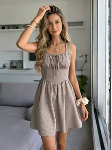 Spring Summer French Style Plaid Sleeveless Casual Womenswear Dress, Square Neck Tie Waist Design, Cute Mini Skirt for Dating and Outdoors