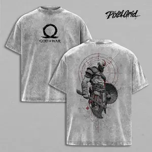 Kratos God of War Shirt | Spartan Warrior Graphic Tee, Norse Mythology Battle Design Vintage Washed Unisex Heavyweight Cotton Streetwear For Gaming Fans Dark Fantasy Aesthetic Outfit Menswear