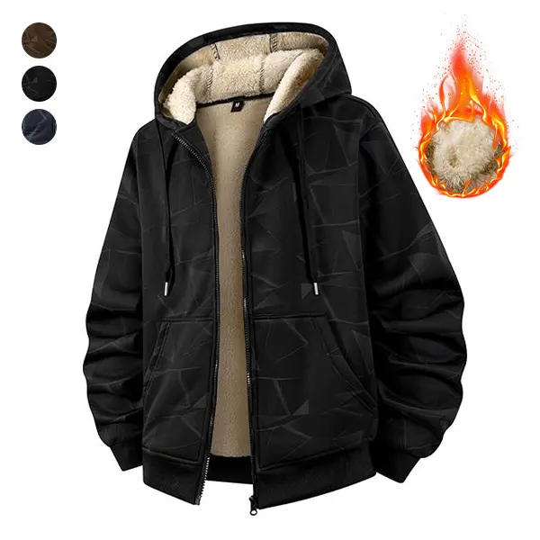 Men’s plus-size hooded fleece jacket with thick down lining for warmth in autumn and winter; loose, casual open-front outerwear.
