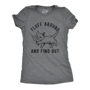 Womens Fluff Around and Find Out T Shirt Funny Pet Kitty Cat Animal Lover Knife Graphic Tee Funny Womens T Shirts Cute Vintage Fashion Casual Ladies T-Shirt Gift Funny Cat Top Women's Novelty Tees Dark Grey