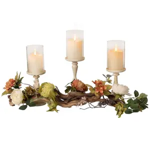 Farmhouse Table Decor Centerpiece with Vintage Peony Vine, Black Candle Holders
