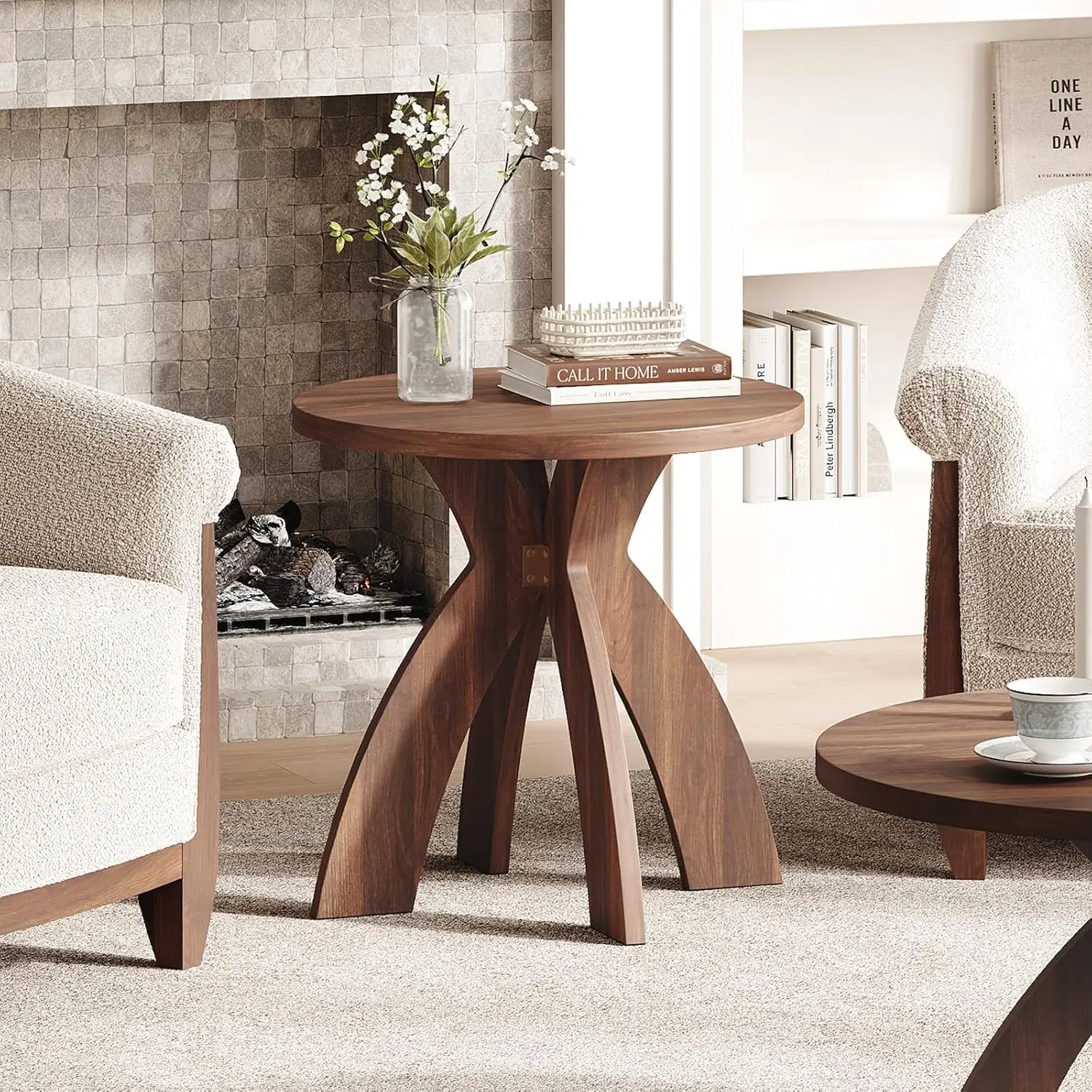 Karlhome 24" Round Side Table with Cross Legs, Wood Side Table, Walnut | Mid Century Modern Side Table, Wooden Side Table X-legs for Living Room, Small space, Office