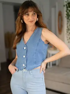 Women's Summer Elegant Slim-Fit V-Neck Denim Vest, Single-Breasted Casual Fashion Layered Wear, Lightweight for Warm Weather