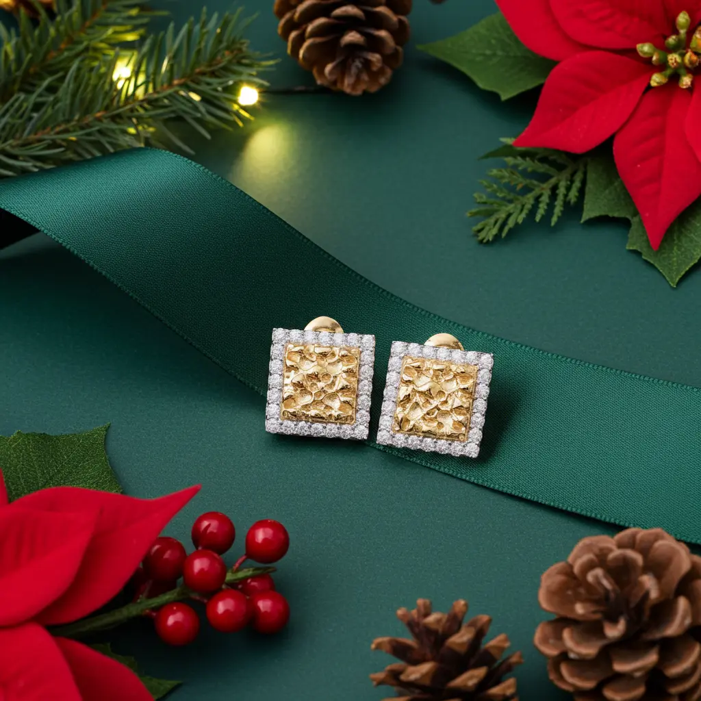 King of Bling's 1.50ct Moissanite Yellow 925 Sterling Silver Women's Square Shape Nugget Earring