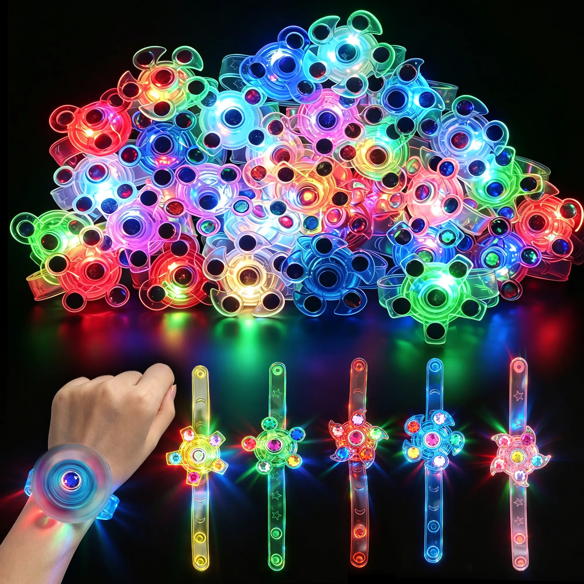 24-Pack Plastic LED Glow-in-the-Dark Fidget Spinner Bracelets Set - Wrist-Fit, Spinnable, Stress-Relieving, Bulk Gift, Mini Gifts, Basket Fillers, Christmas Wishlist Items, Fidget Toys, Festive Supplies, One-Size Assortment