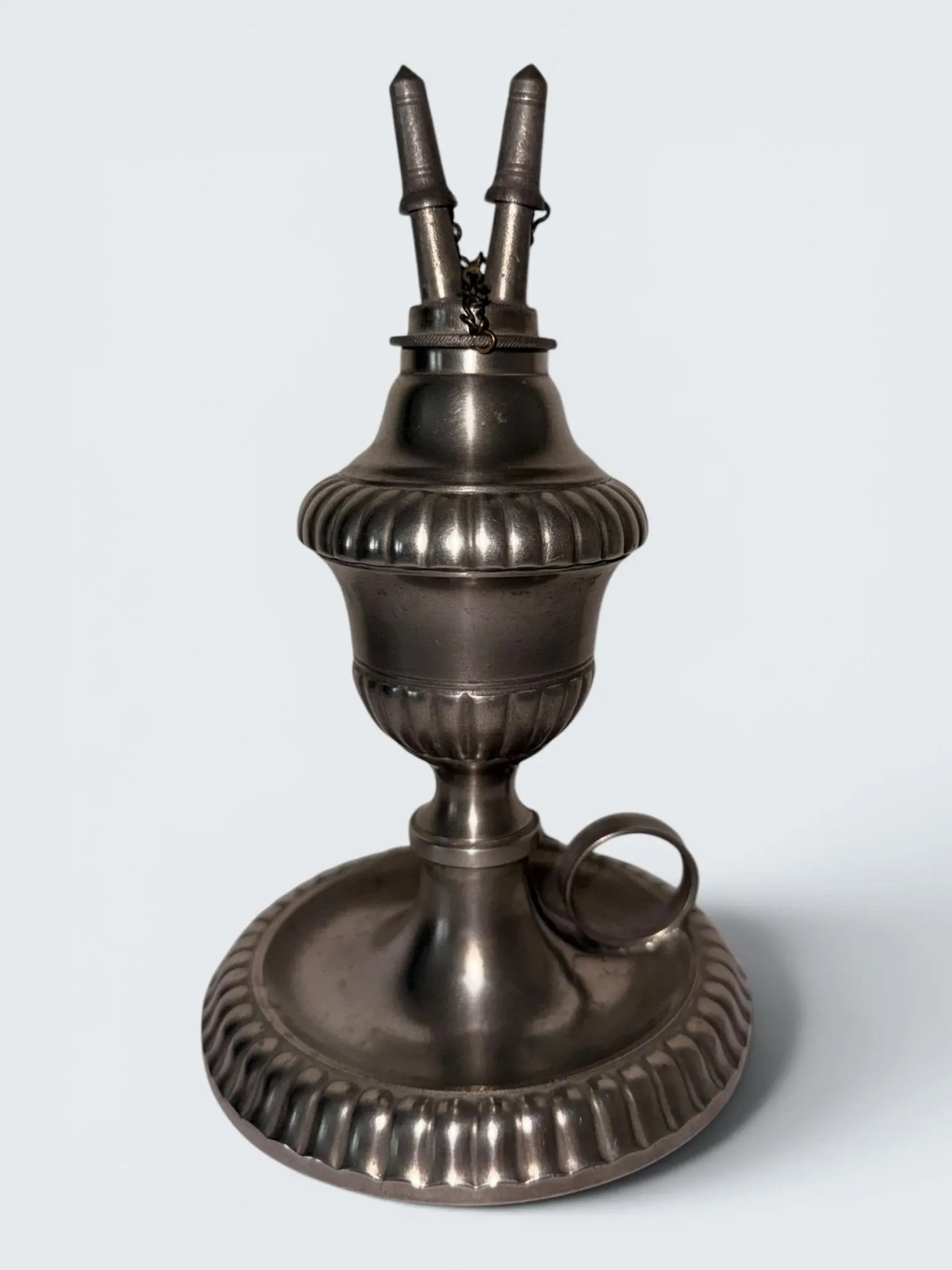 Pewter Cup and Saucer Fluid / Whale Oil Lamp w/ Double Tube Burner, Caps Antique