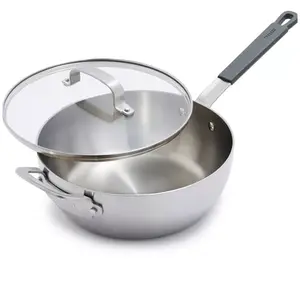 GreenPan x Bobby Flay 3.57 Qt Stainless Steel Chefs Pan with Lid, Nonstick Deep Cooking Pan for Sauté Stir Fry Sauce