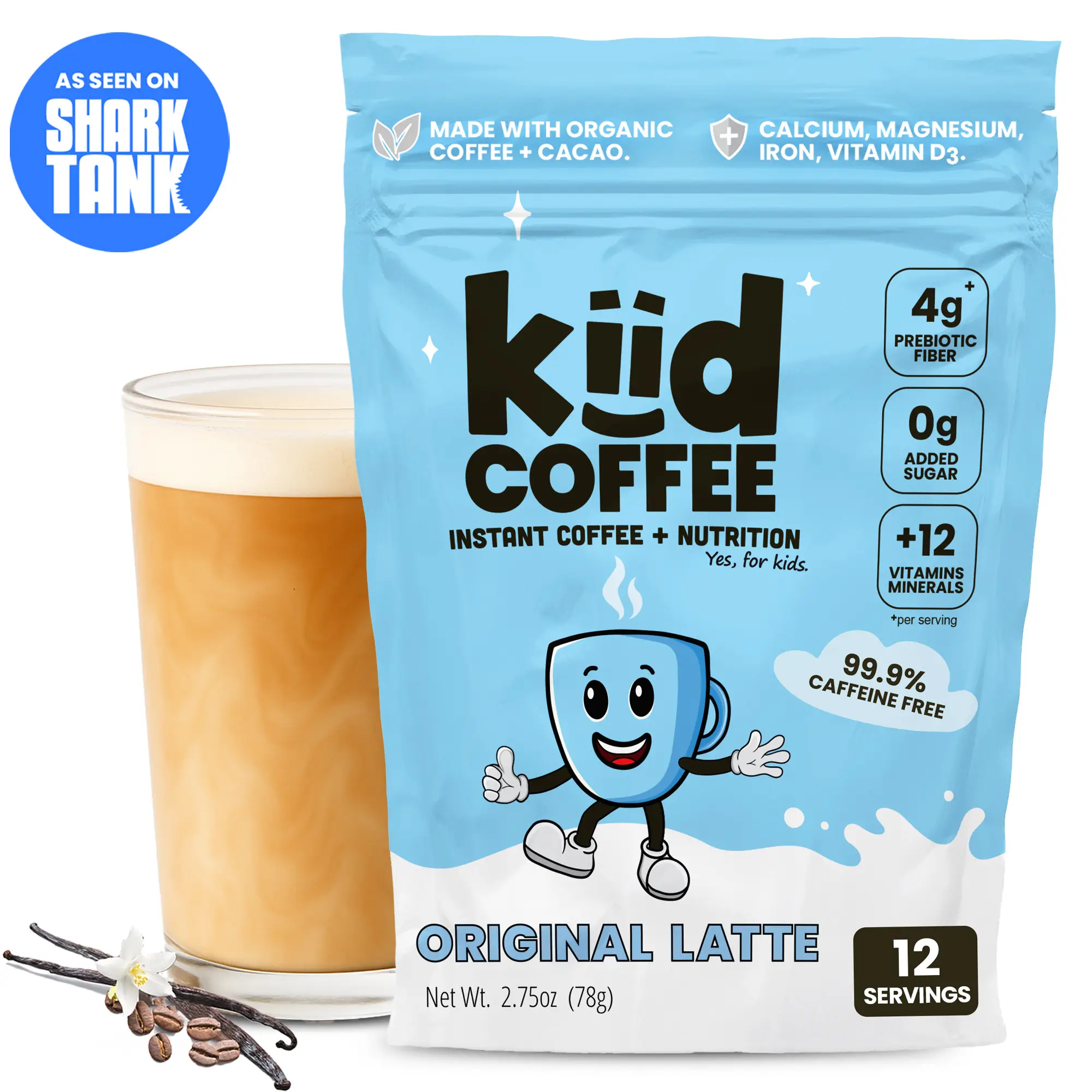 Kiid Coffee Superfood Latte - As Seen On Shark Tank - 99.9% Caffeine Free, Organic Coffee & Cacao with Prebiotic Fiber, 12 Vitamins & Minerals - Vegan
