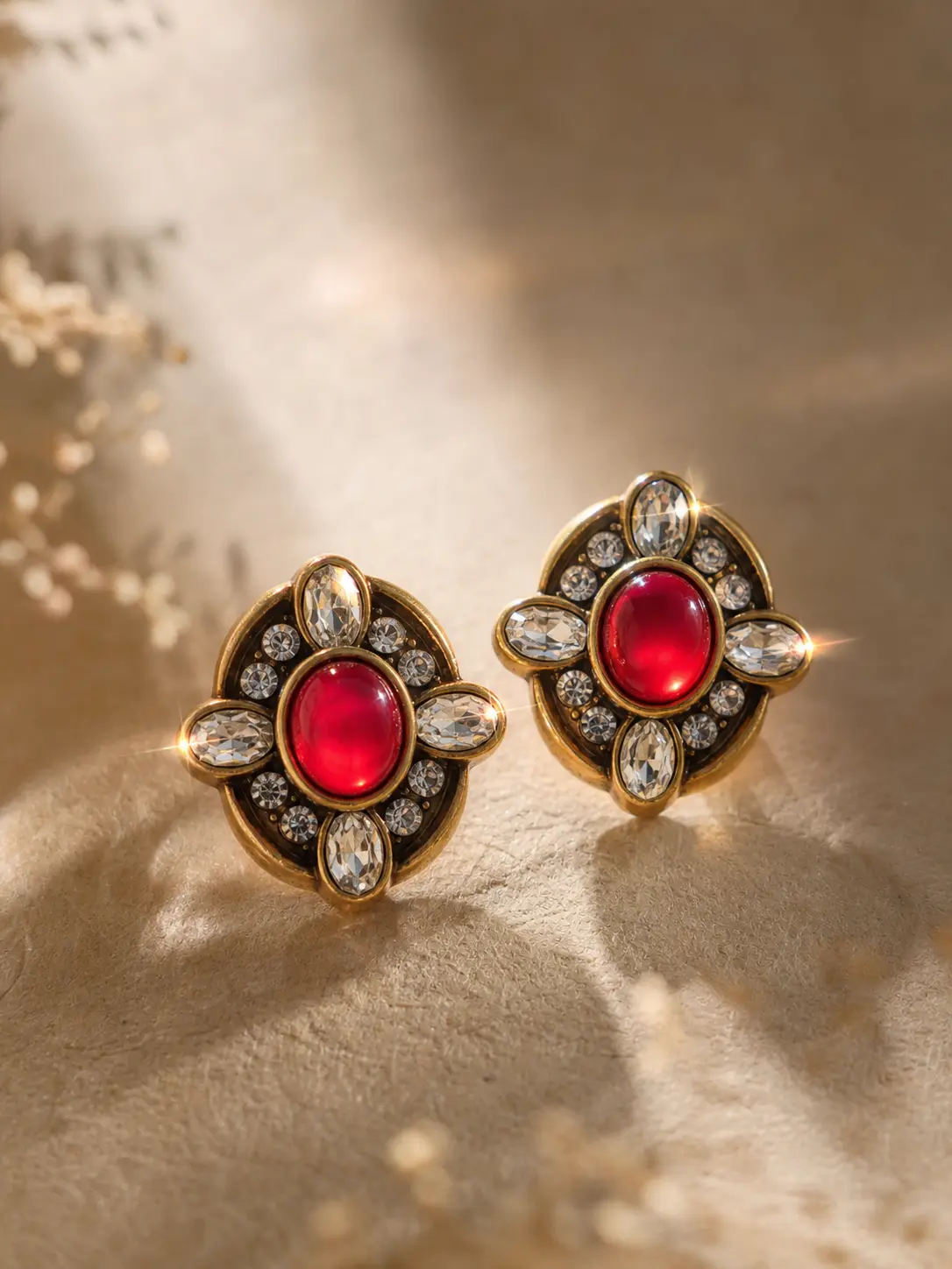 Vintage Red Gem Earrings, Hypoallergenic Floral Studs for Women, Retro Fashion Accessory