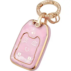 Key Fob Cover with keychain for GMC Yukon/Yukon XL Terrain Acadia Sierra Key Fob Case for Chevy Chevrolet Suburban Tahoe Car Accessories Smart 6 Buttons Key Protector, Pink/Pattern Random
