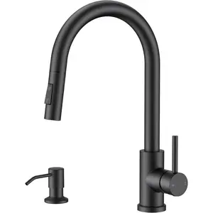 Black Kitchen Faucet with Pull Down Sprayer, Modern Single Hole Kitchen Sink Faucet with Soap Dispenser, Deck Plate, Single Handle, High Arc Stainless Steel for RV Farmhouse Laundry Outdoor